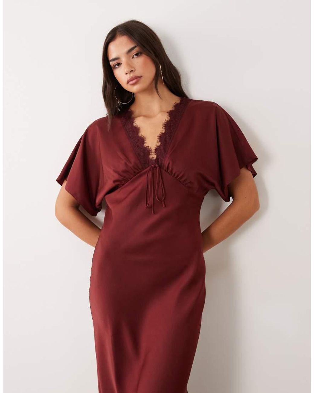Miss Selfridge Red Satin And Lace Batwing Maxi Dress