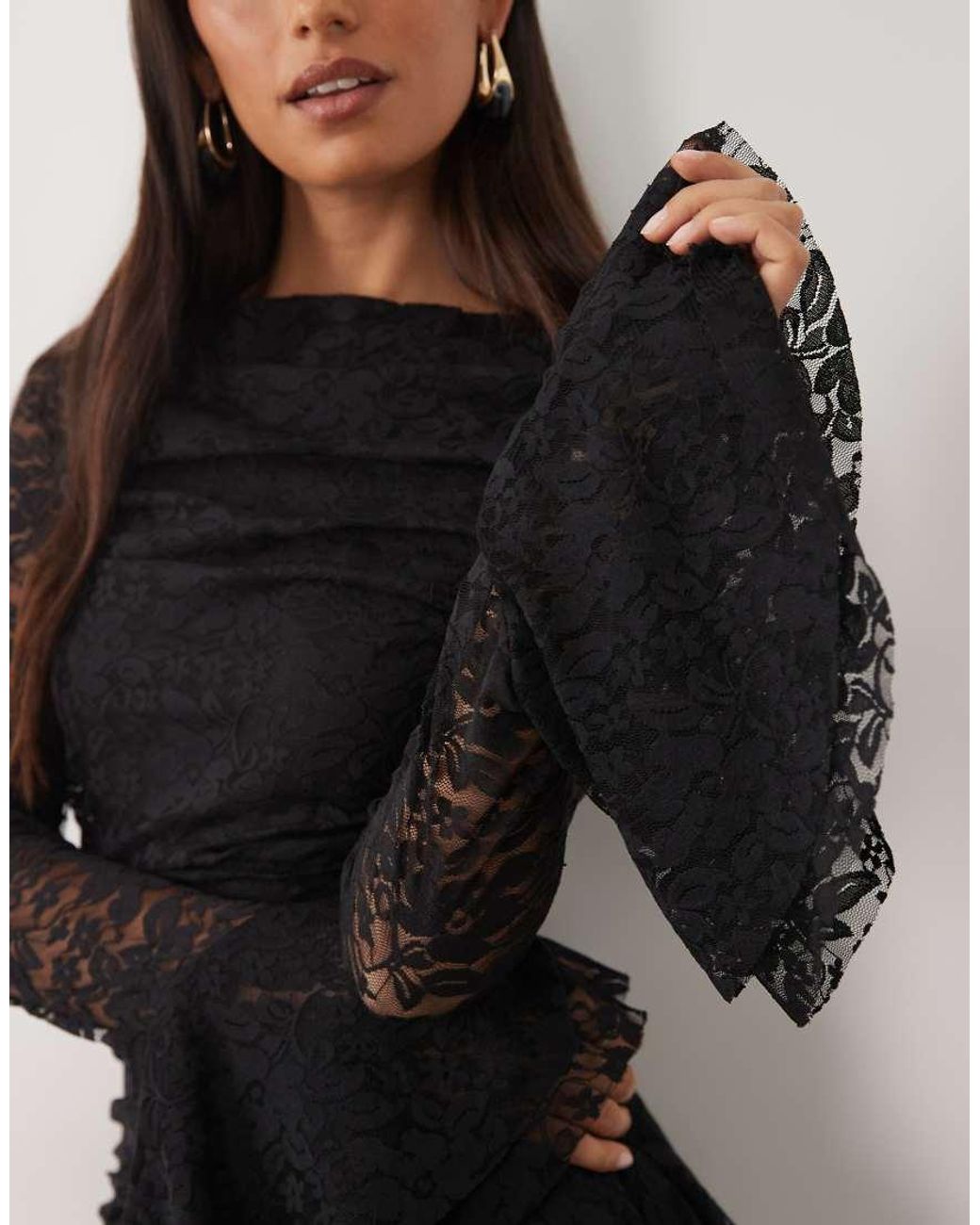 ASOS Black Lace Maxi Dress With Ruching And Frill Details