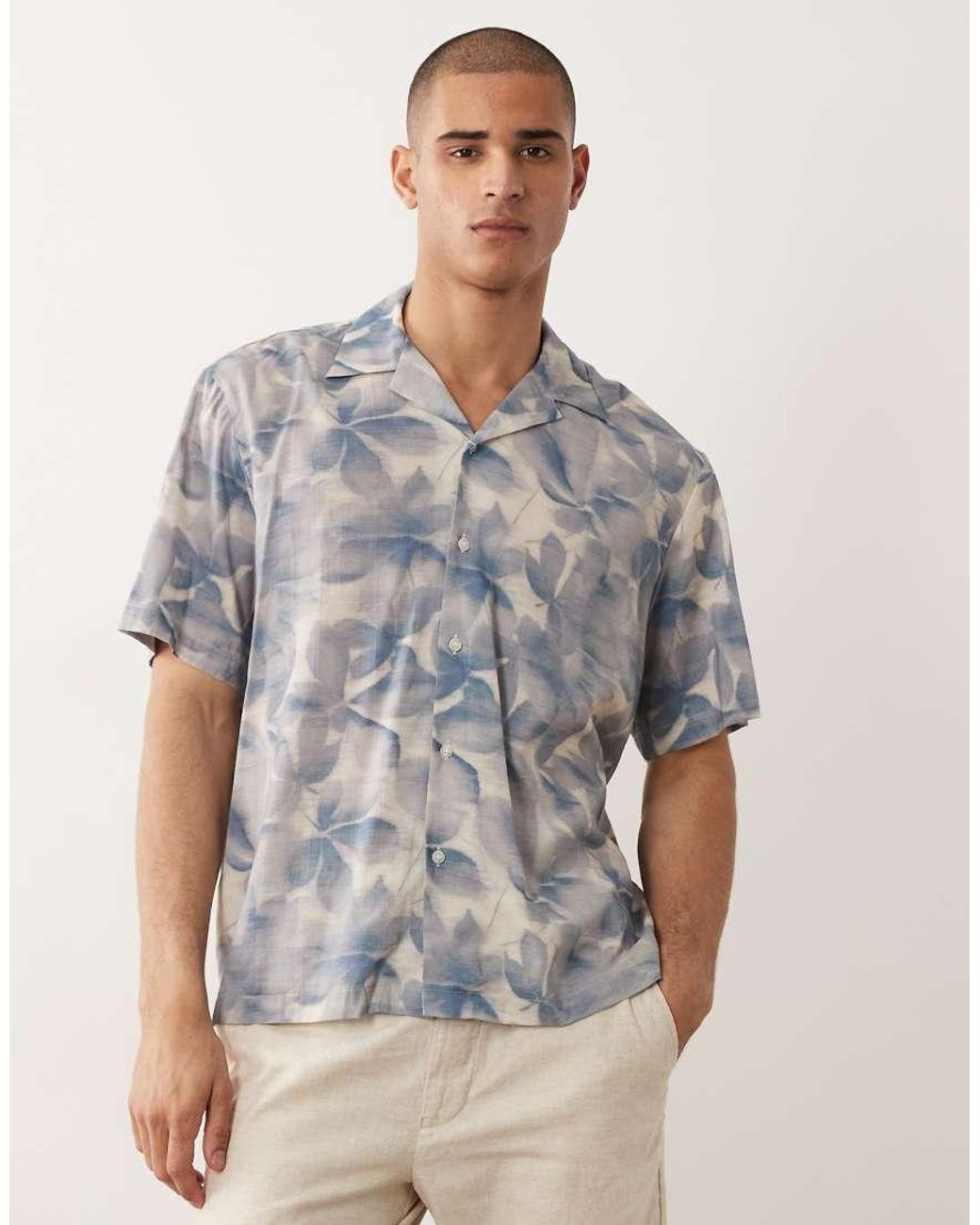 SELECTED Gray Short Sleeve Shirt With Leave Print for men