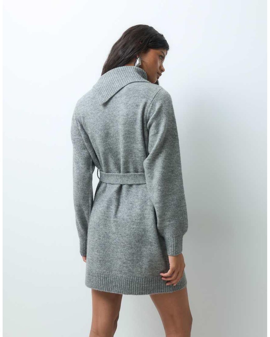 Vero Moda Blue Long Sleeve Split Neck Knitted Mini Dress With Tie Waist