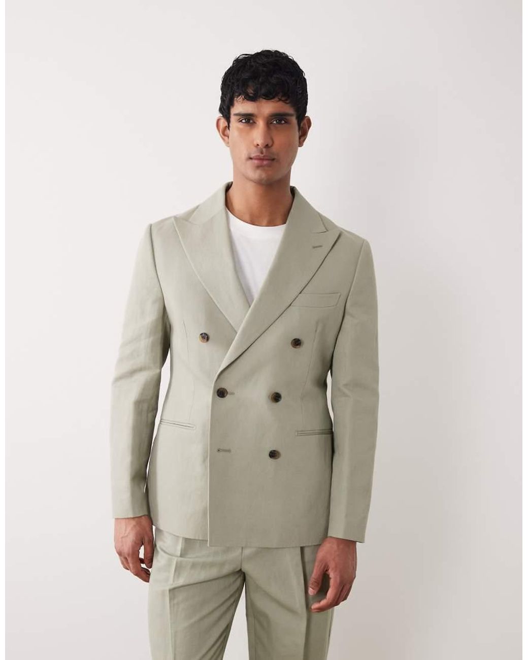 ASOS Natural Slim Linen Rich Double Breasted Suit Jacket for men