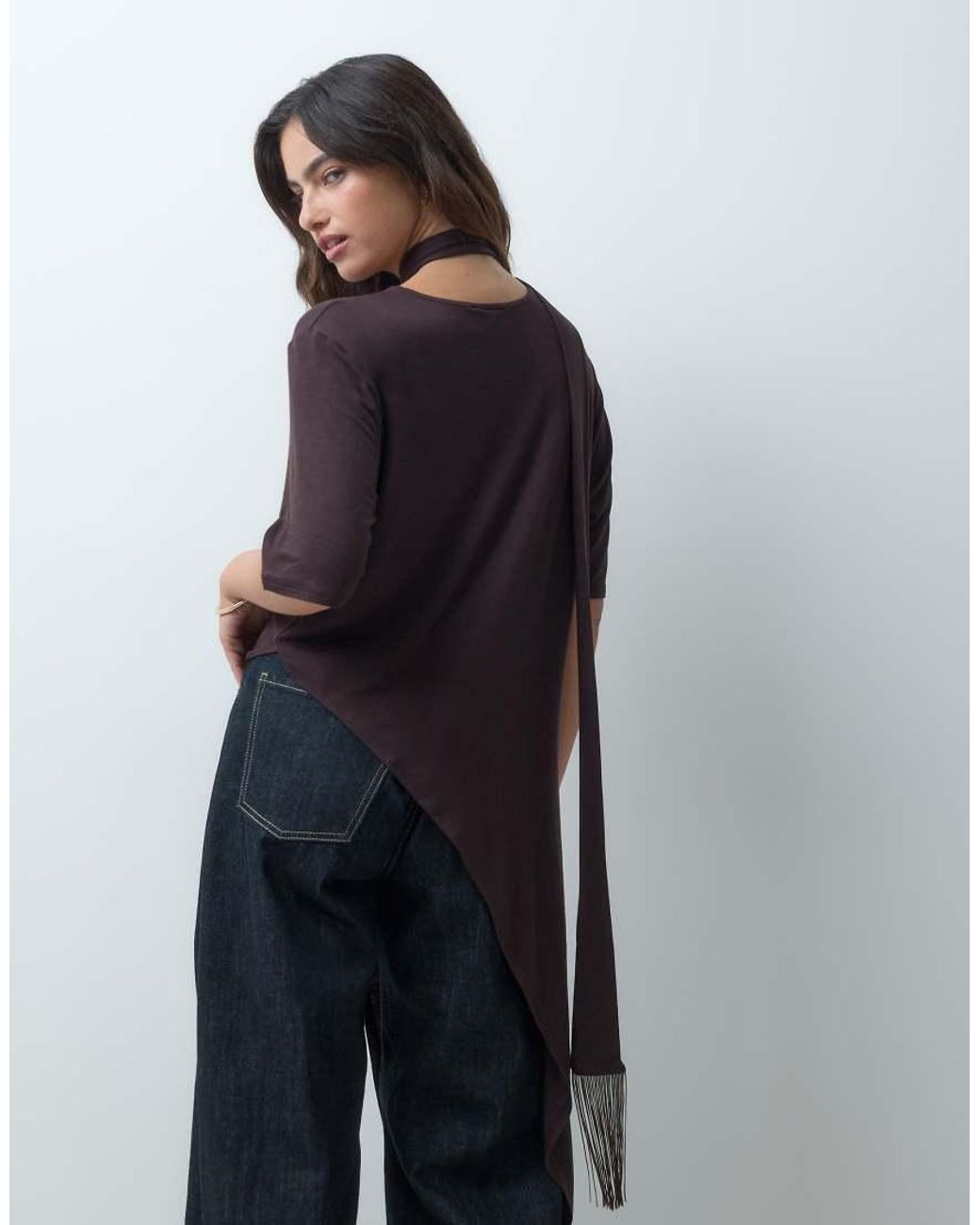 ASOS Blue Asymmetric Top With Fringe Scarf