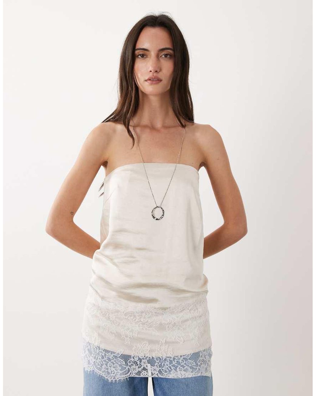 4th & Reckless White Satin Lace Trim Bandeau Top