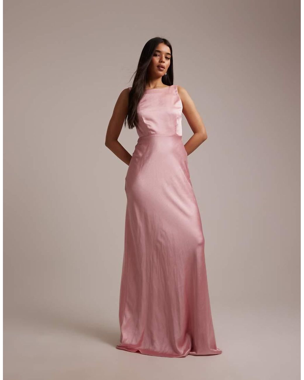 Six Stories Pink Bridesmaids Satin Sleeveless Cowl Back Maxi Dress