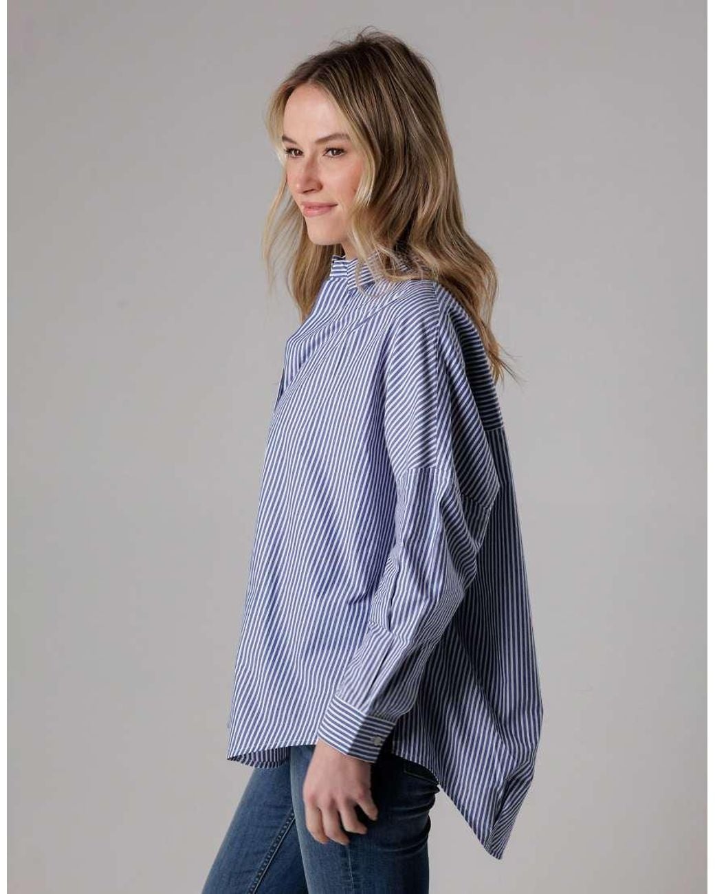 French Connection Blue Cotton Relaxed-Fit Long Sleeve Striped Popover High-Low Hem Shirt