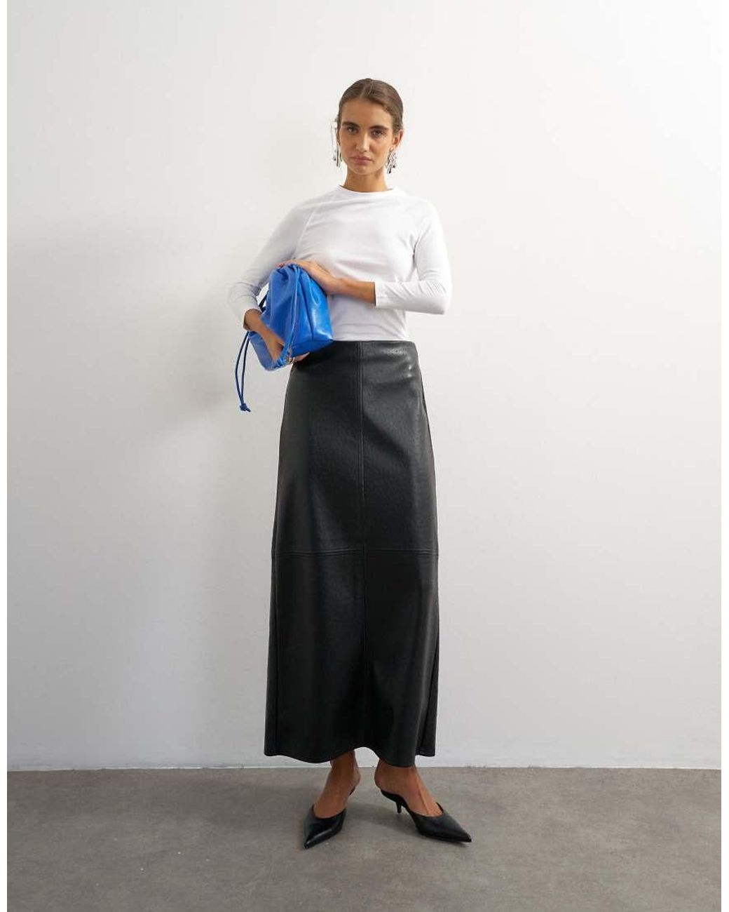TOPSHOP Black Faux Leather Topstitch Column Maxi Skirt