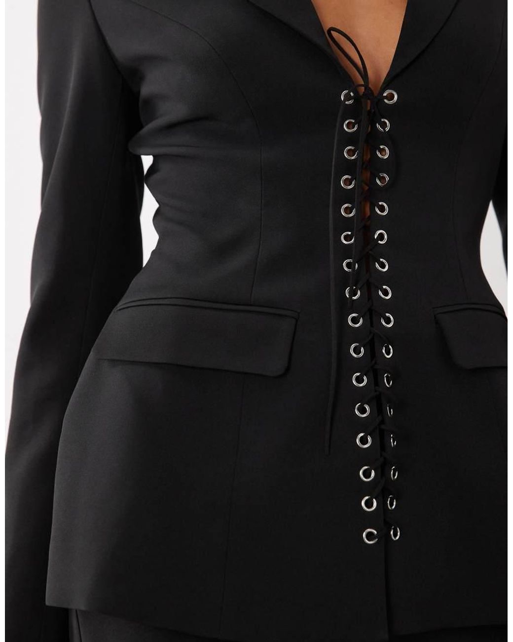 Kaiia Black Exclusive Eyelet Detail Lace Up Cinched Waist Blazer Co-Ord