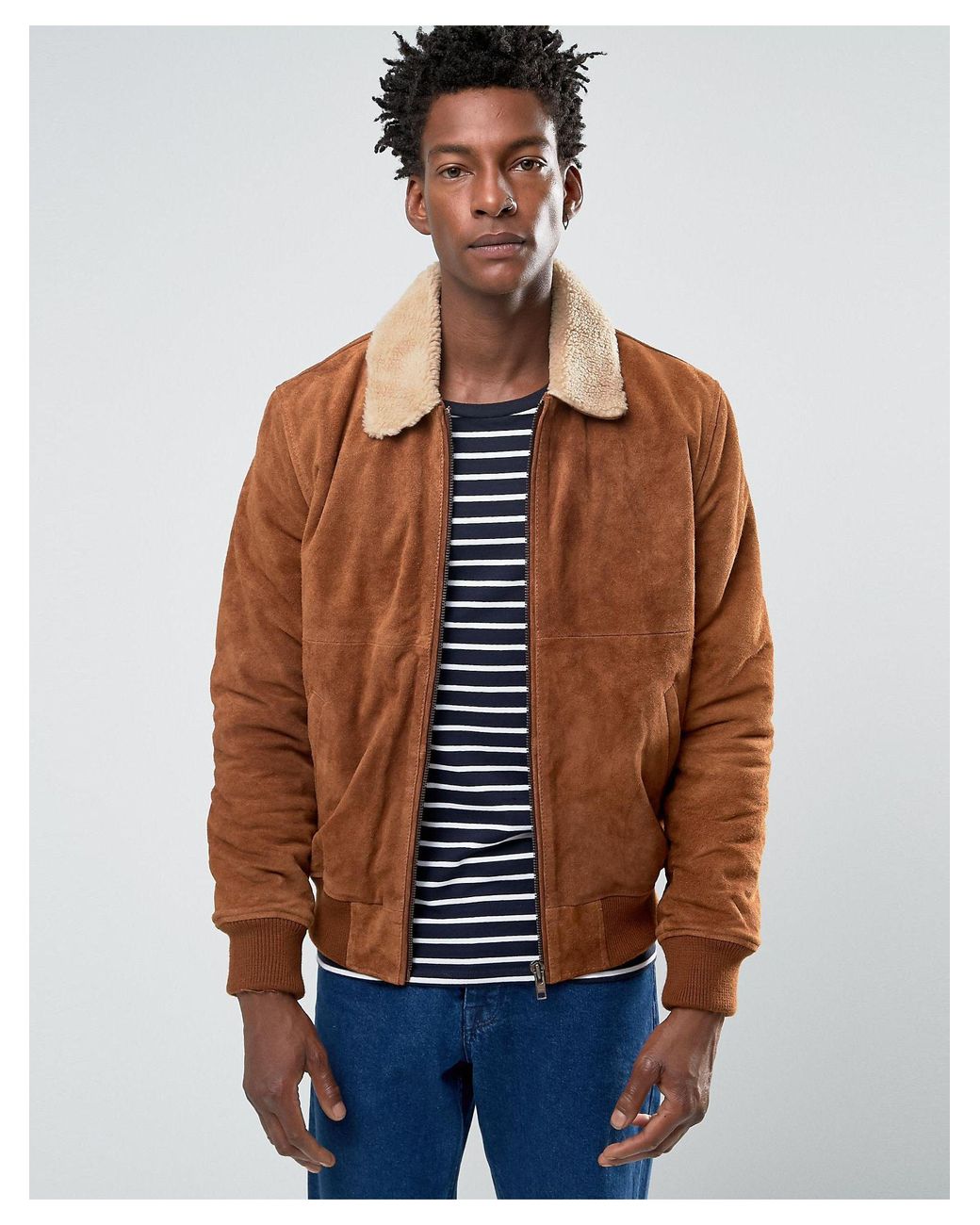 Bellfield Suede Borg Lined Tan Bomber in Blue for Men | Lyst