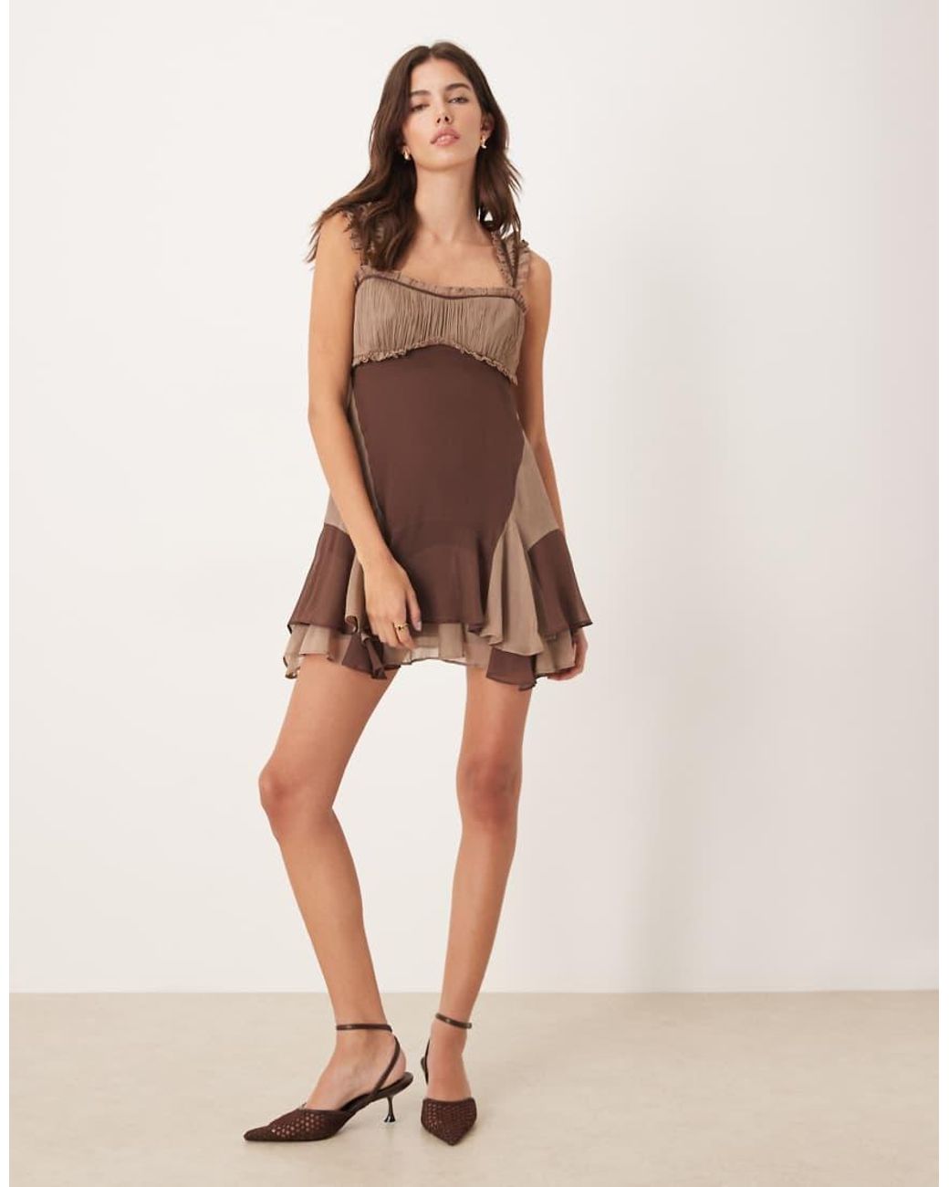 ASOS Brown Cap Sleeve Contrast Ribbon Ruffle Hem Mini Dress