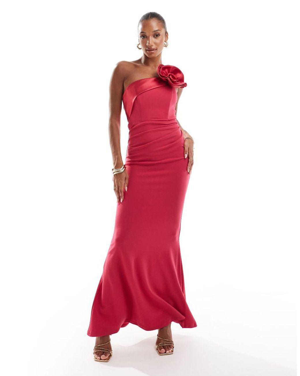 Goddiva Red Satin Corsage Crepe Maxi Dress