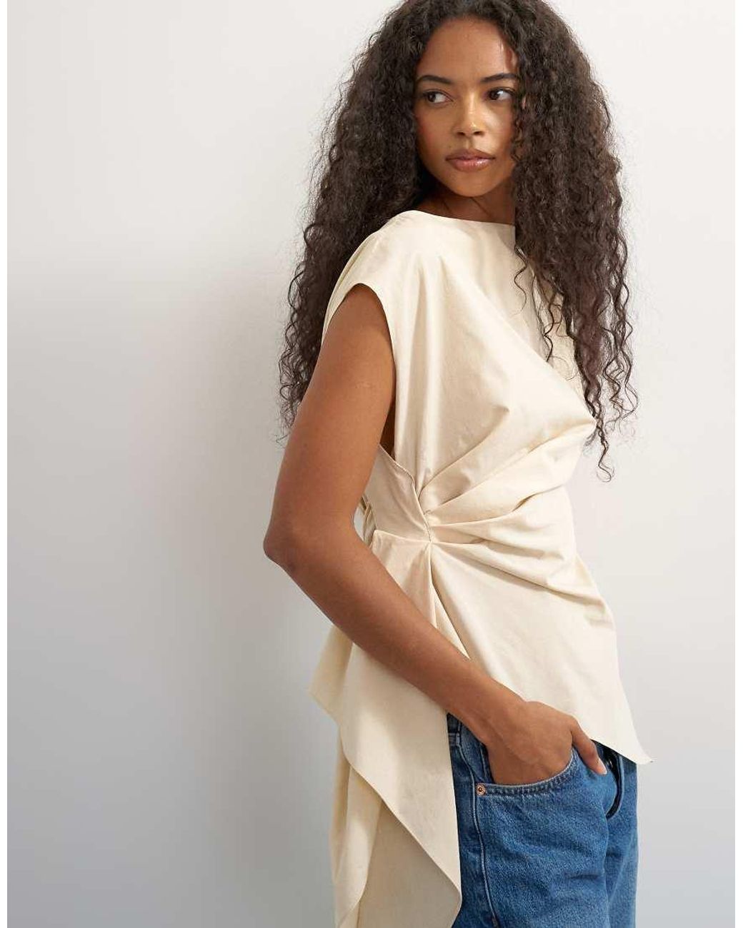 TOPSHOP Blue Poplin Slash Neck Twist Side Top