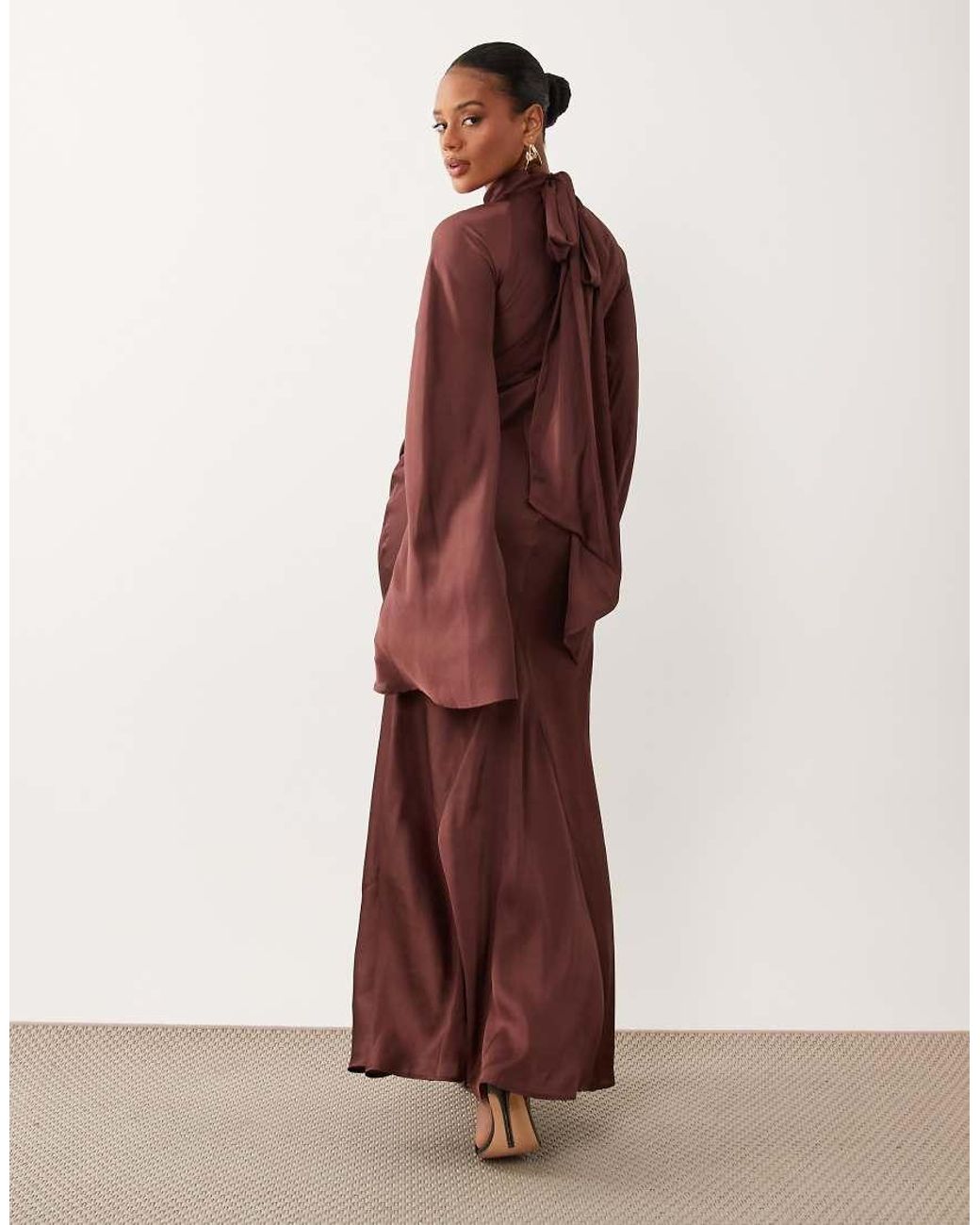 ASOS Red Satin Maxi Dress With Split Sleeve And Scarf Detail