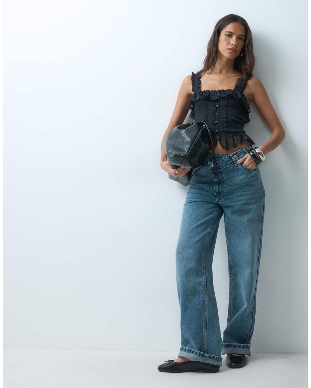 Miss Selfridge Blue Button Through Cinched Corset Top With Lace