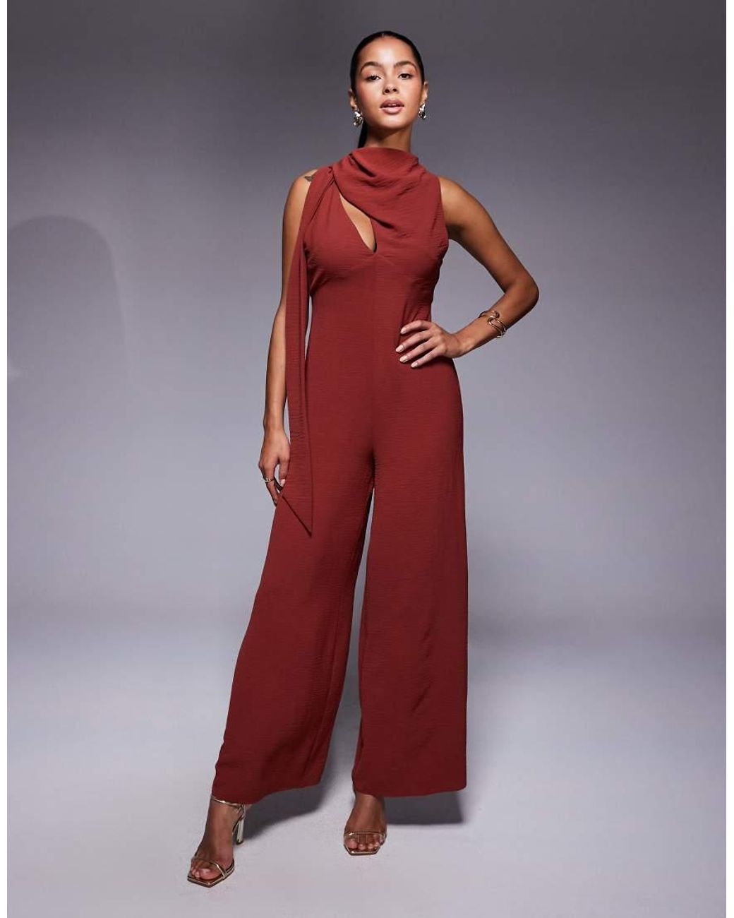 ASOS Red Cowl Draped Neck Wide Leg Jumpsuit With Tie Detail