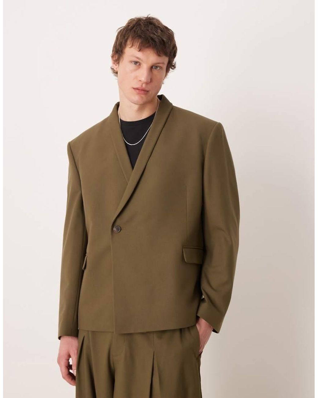 ASOS Green Double Breasted Boxy Shawl Collar Wrap Suit Jacket for men