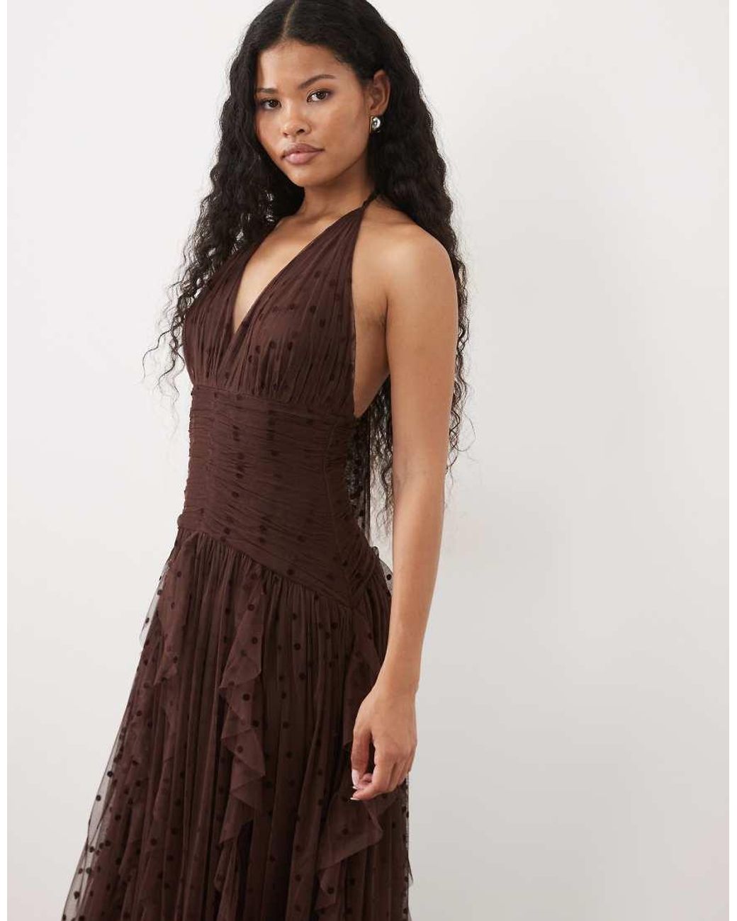 LACE & BEADS Brown Dobby Halter Neck Ruffle Skirt Maxi Dress