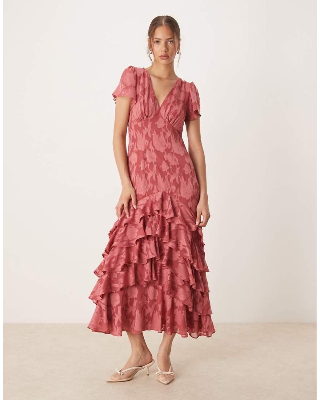 ANAYA Red V Neck Short Sleeve Ruffle Midaxi Dress