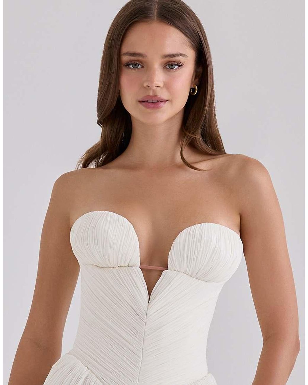 House Of Cb White Valeriana Chiffon Micro Pleat Strapless Maxi Gown