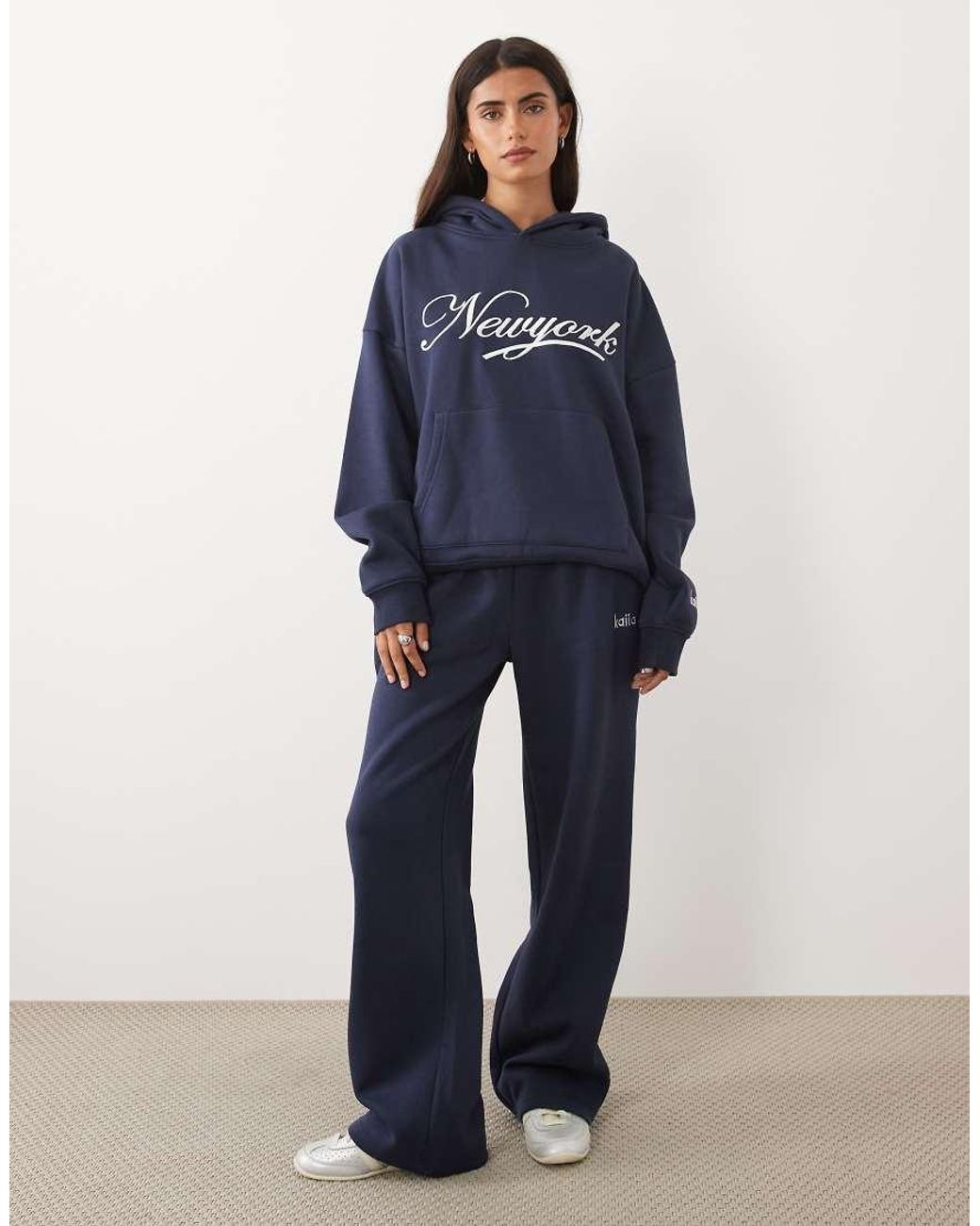 Kaiia Blue Cotton Rich Embroidered New York Script Logo Oversized Hoodie Co-ord