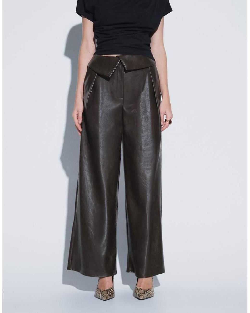 ASOS Blue Tailored Faux Leather Wide Leg Fold Over Waist Trousers
