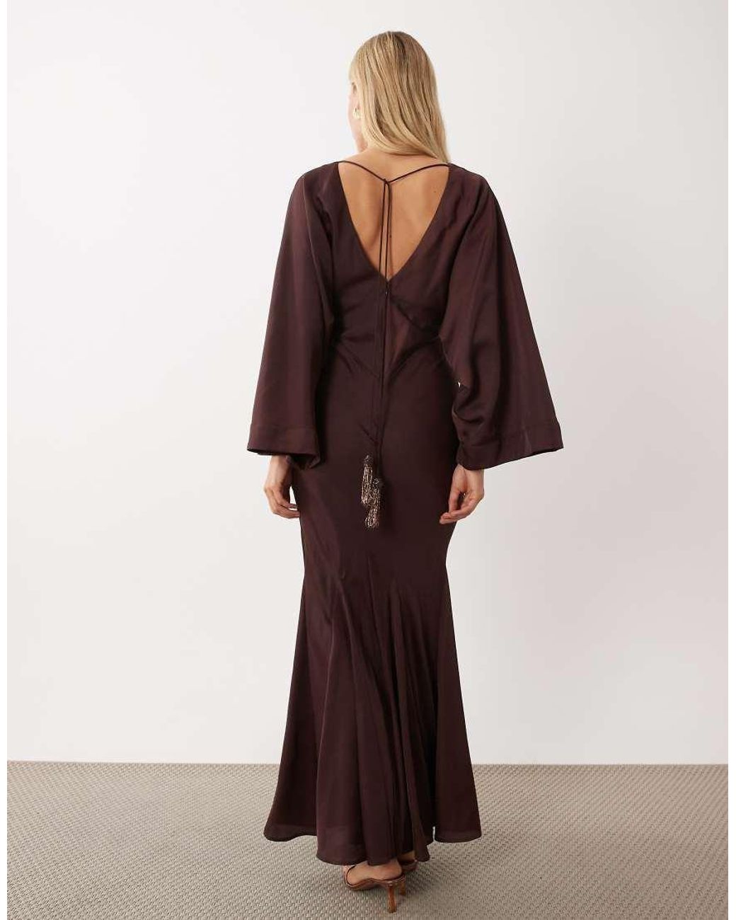 ASOS Brown Cape Kimono Sleeve Maxi Dress With Godets And Tassel Tie Detail