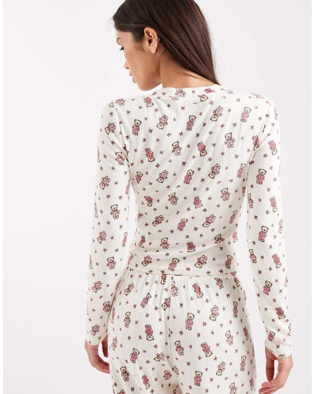 Miss Selfridge White Teddy Bear Print Mix And Match Pyjama Henley Top