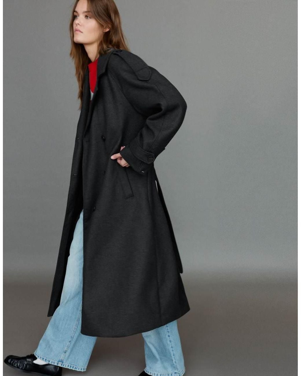 Pull&Bear Gray Belted Wool Trench Coat