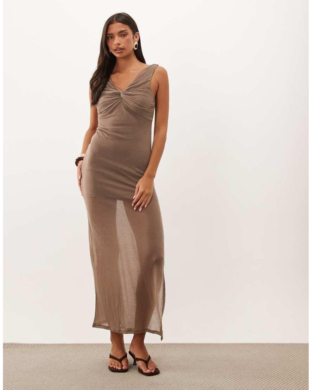 ASOS Natural Semi Sheer Knit Look Column Maxi Dress With Twist Bust Detail
