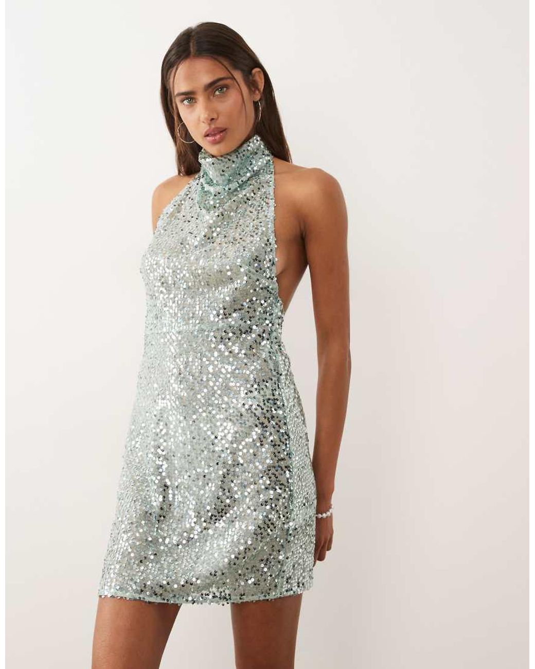 ASOS Natural Embellished Sheer Scatter Sequin Halter Mini Dress