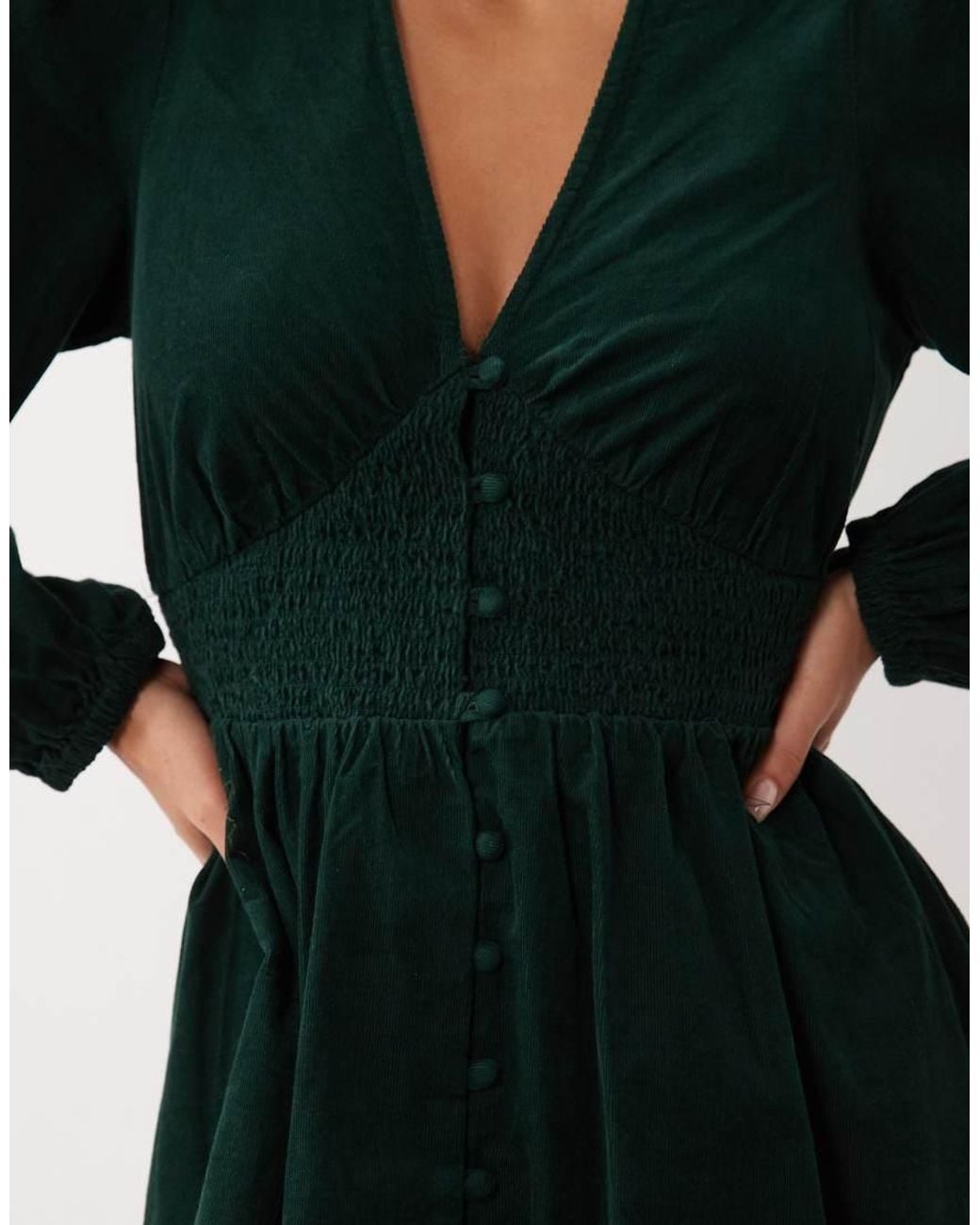 Nobody's Child Green Riley V-neck Balloon Sleeve Shirred Waist Mini Dress
