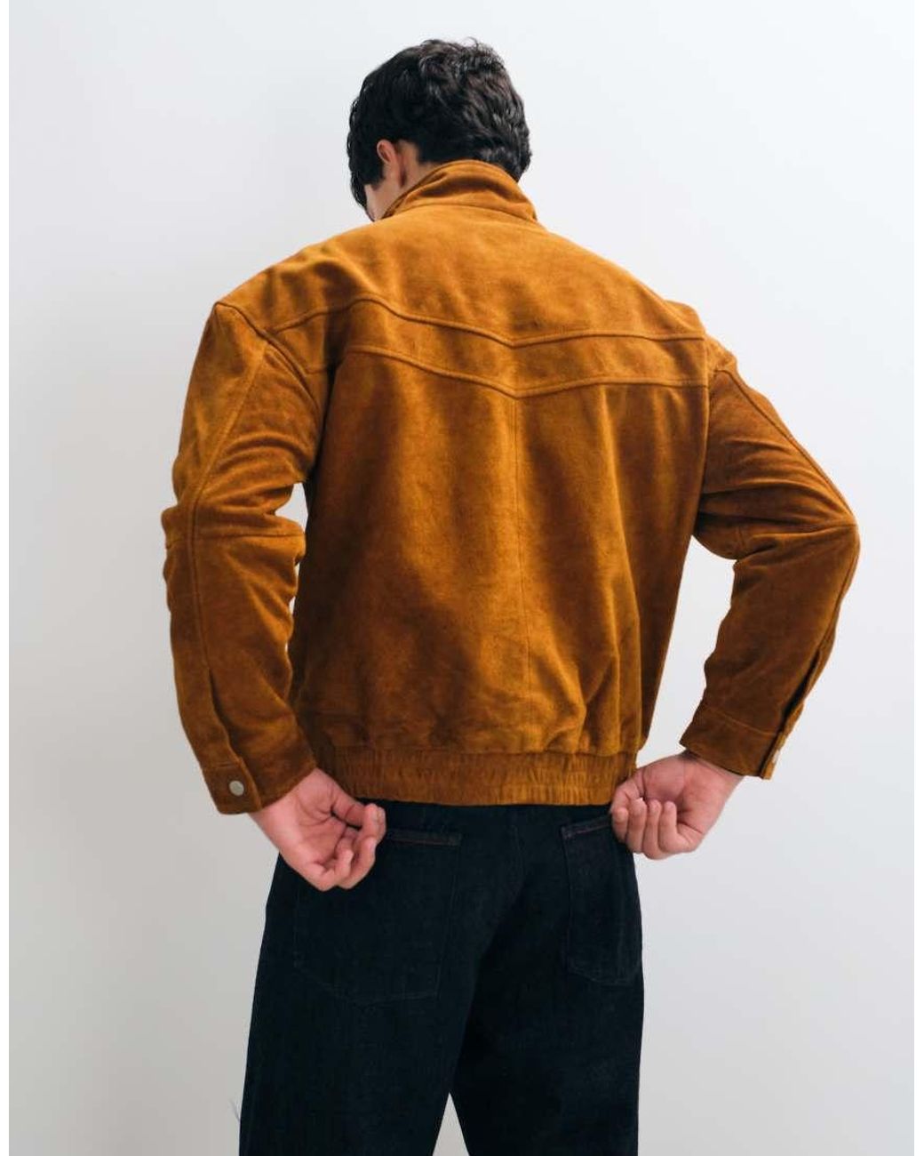 Barney's Originals Blue Real Suede Funnel Neck Bomber Jacket for men