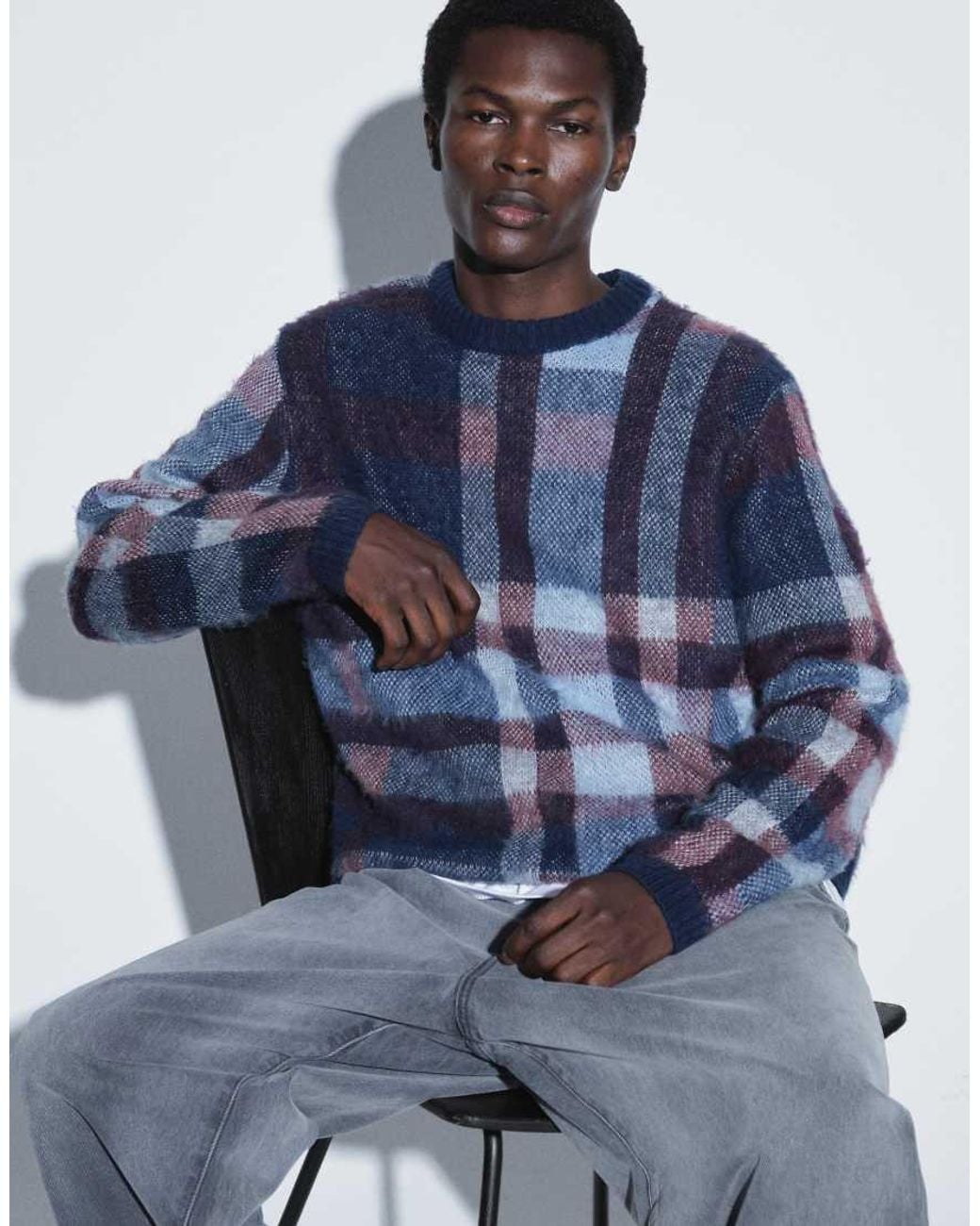 ASOS Blue Oversized Knitted Brushed Plaid Jumper for men