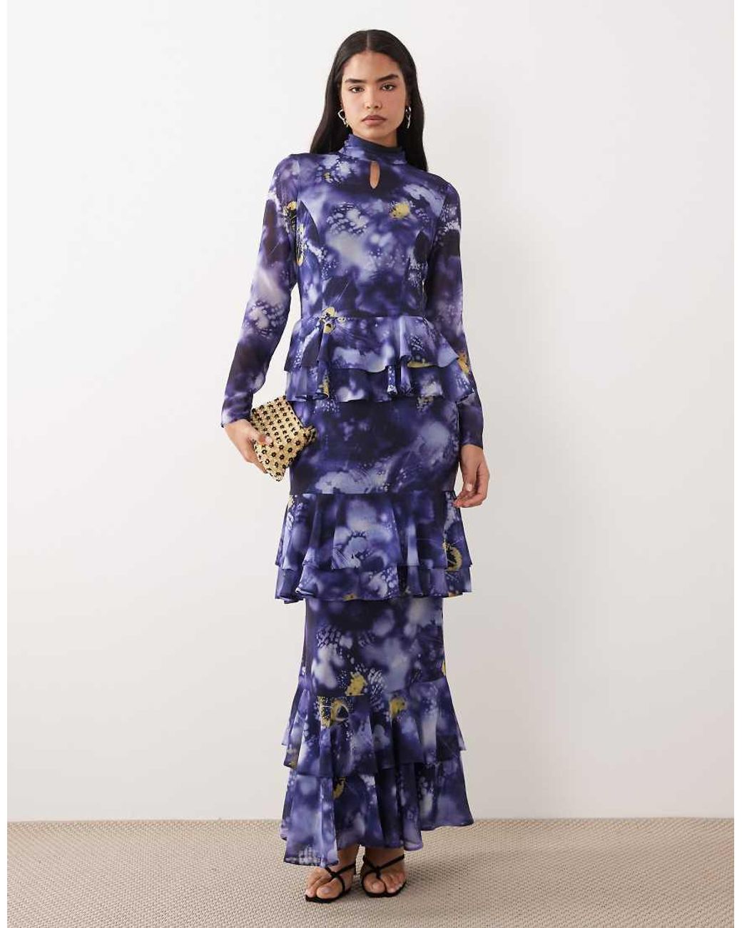 DASKA Blue Chiffon High Neck Keyhole Tiered Frill Maxi Dress
