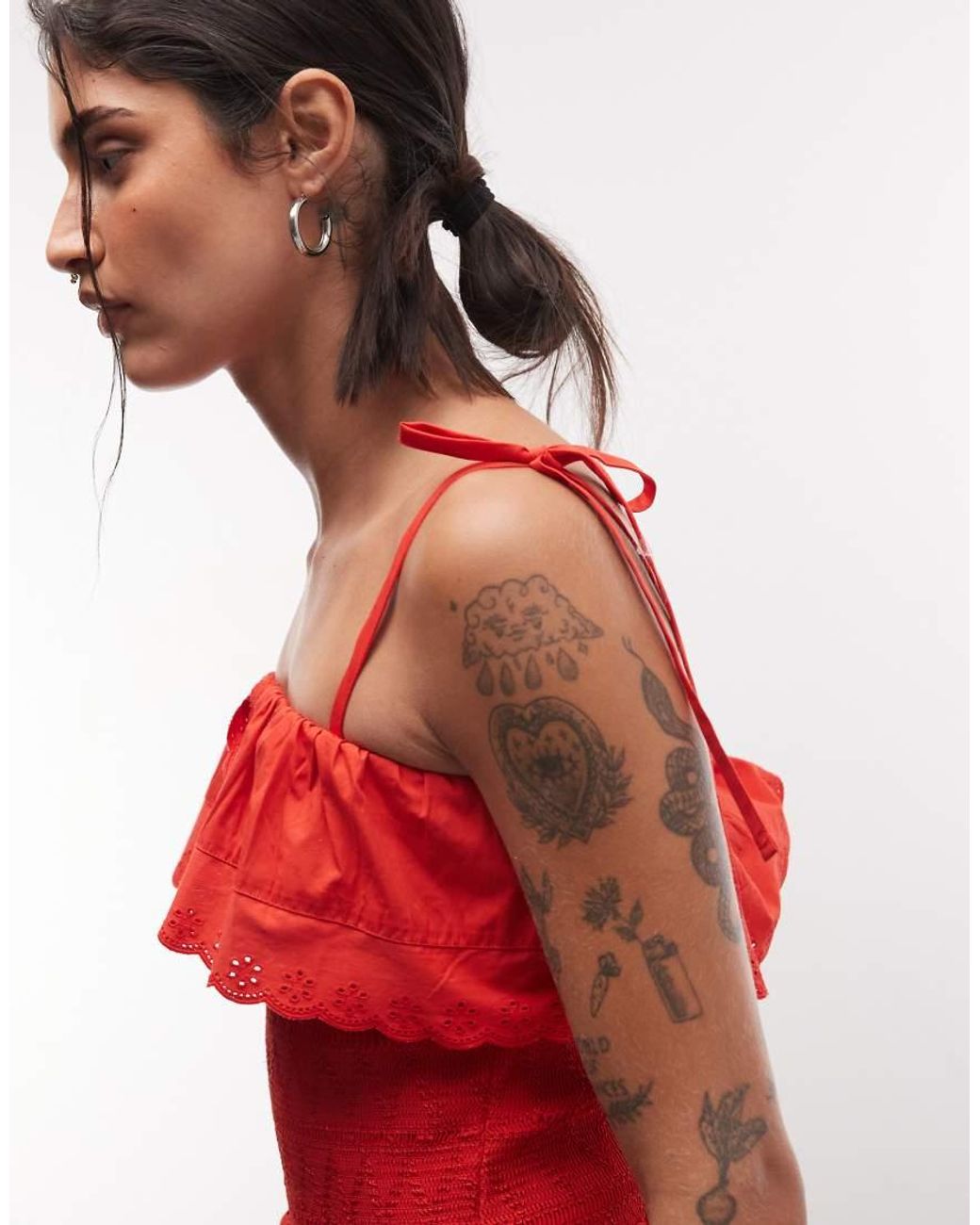 Reclaimed Vintage Red Bandeau Top With Shirring And Embroidery Detail