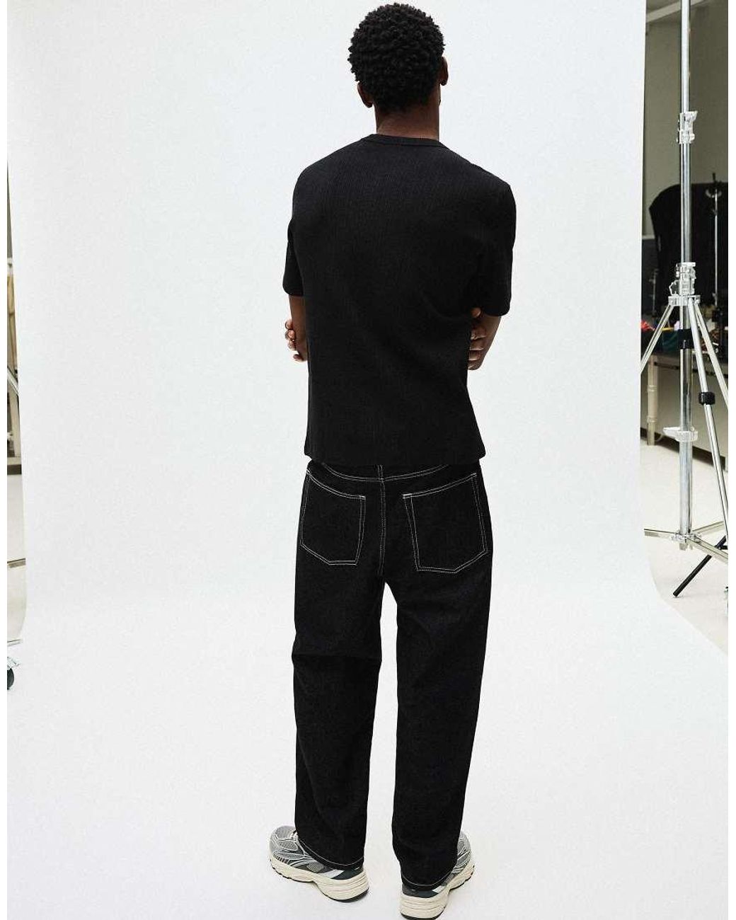 Bershka Black Textured Short Sleeve T-shirt for men