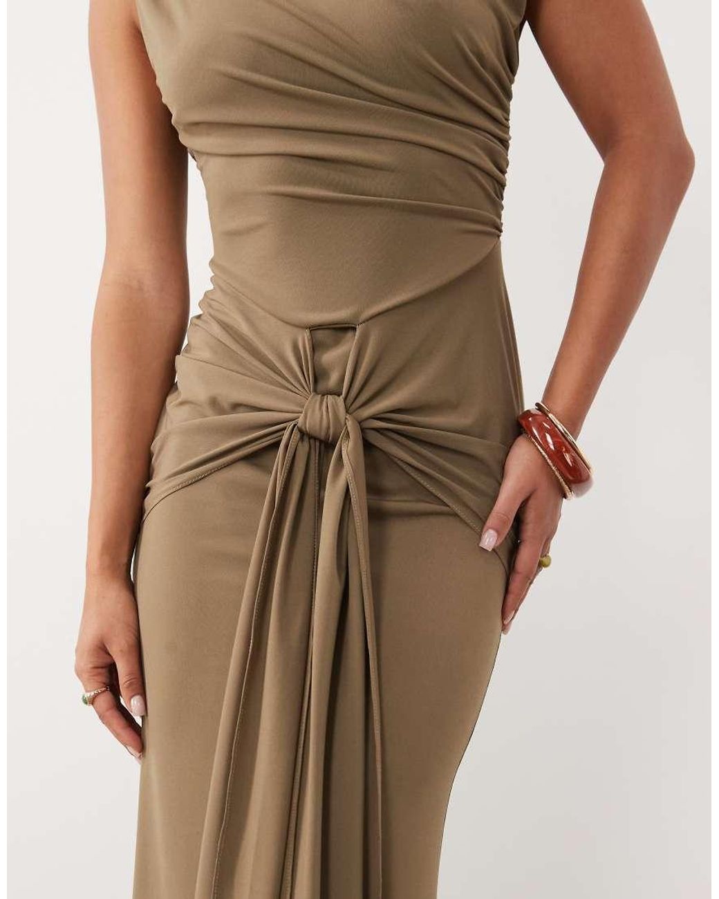 TFNC London Natural Slinky One Shoulder Draped Knot Detail Maxi Dress