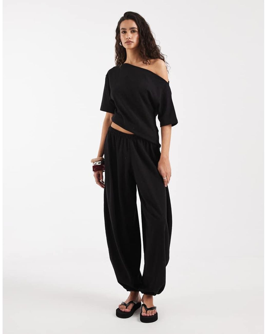 ASOS Black Textured Off Shoulder T-shirt