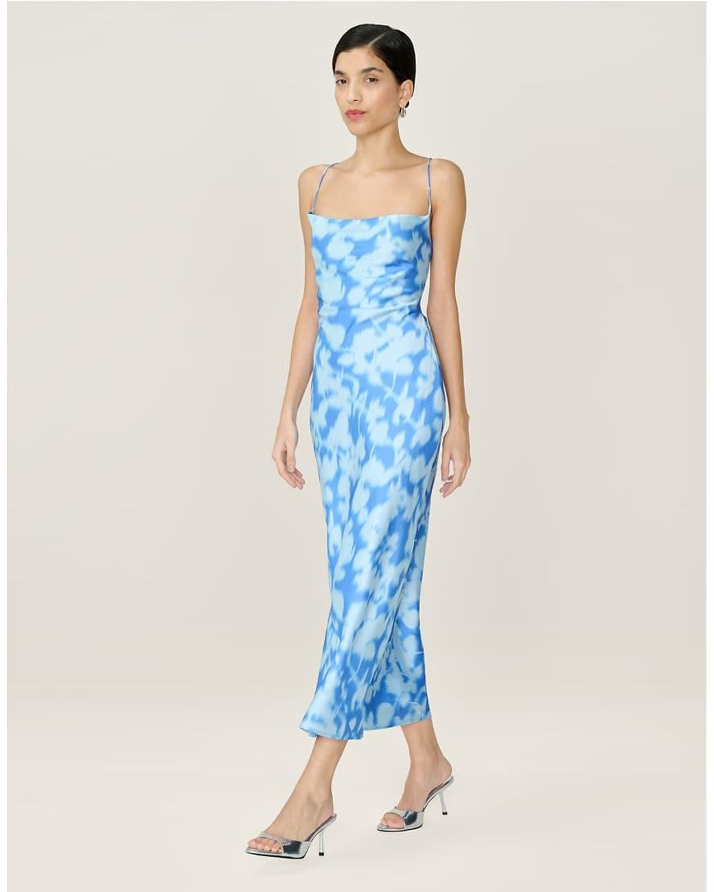 OMNES Blue Dresses Riviera Satin Floral Midi Dress With Lace-Up Back
