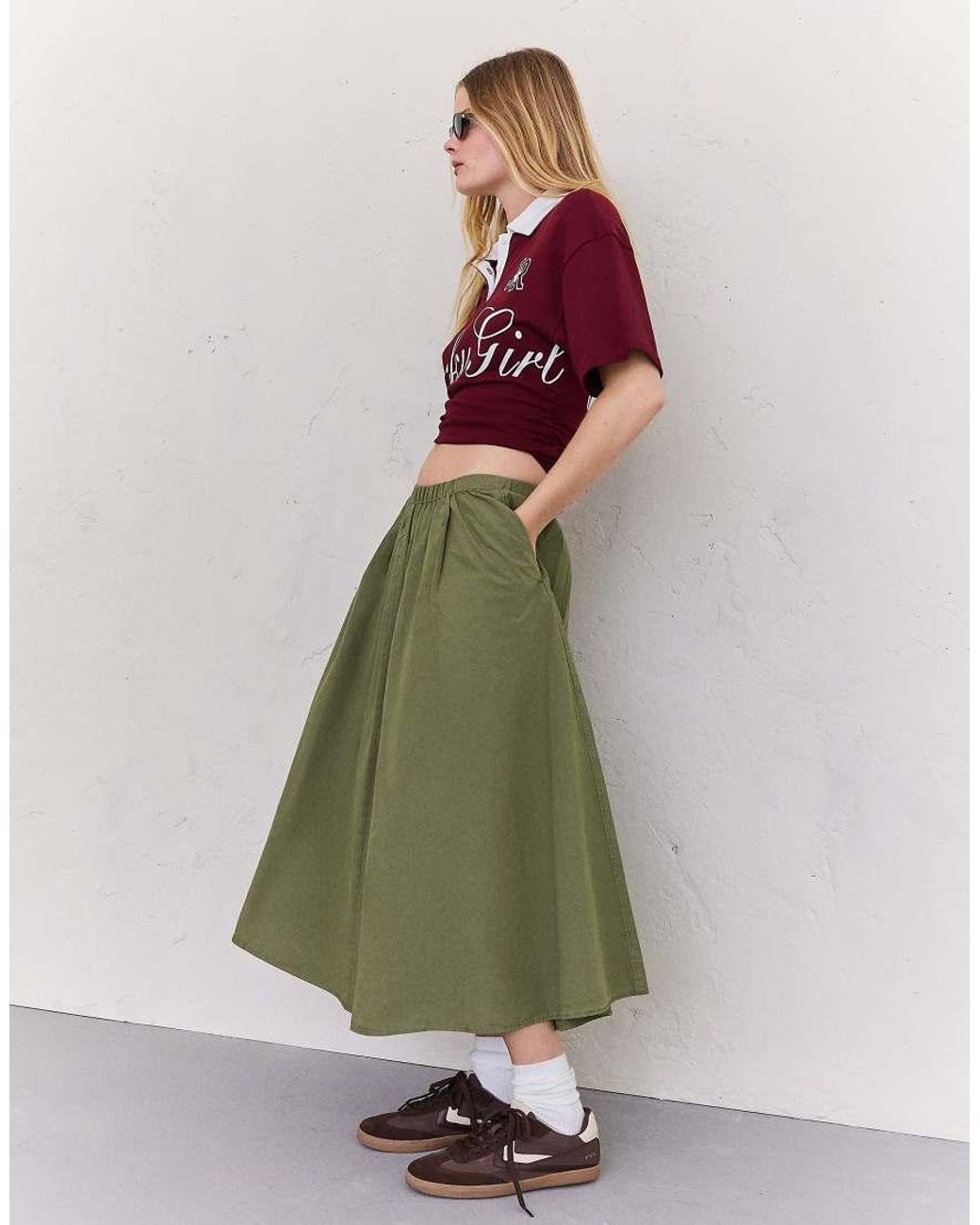 Bershka Green Elasticated Waist Midi Skirt