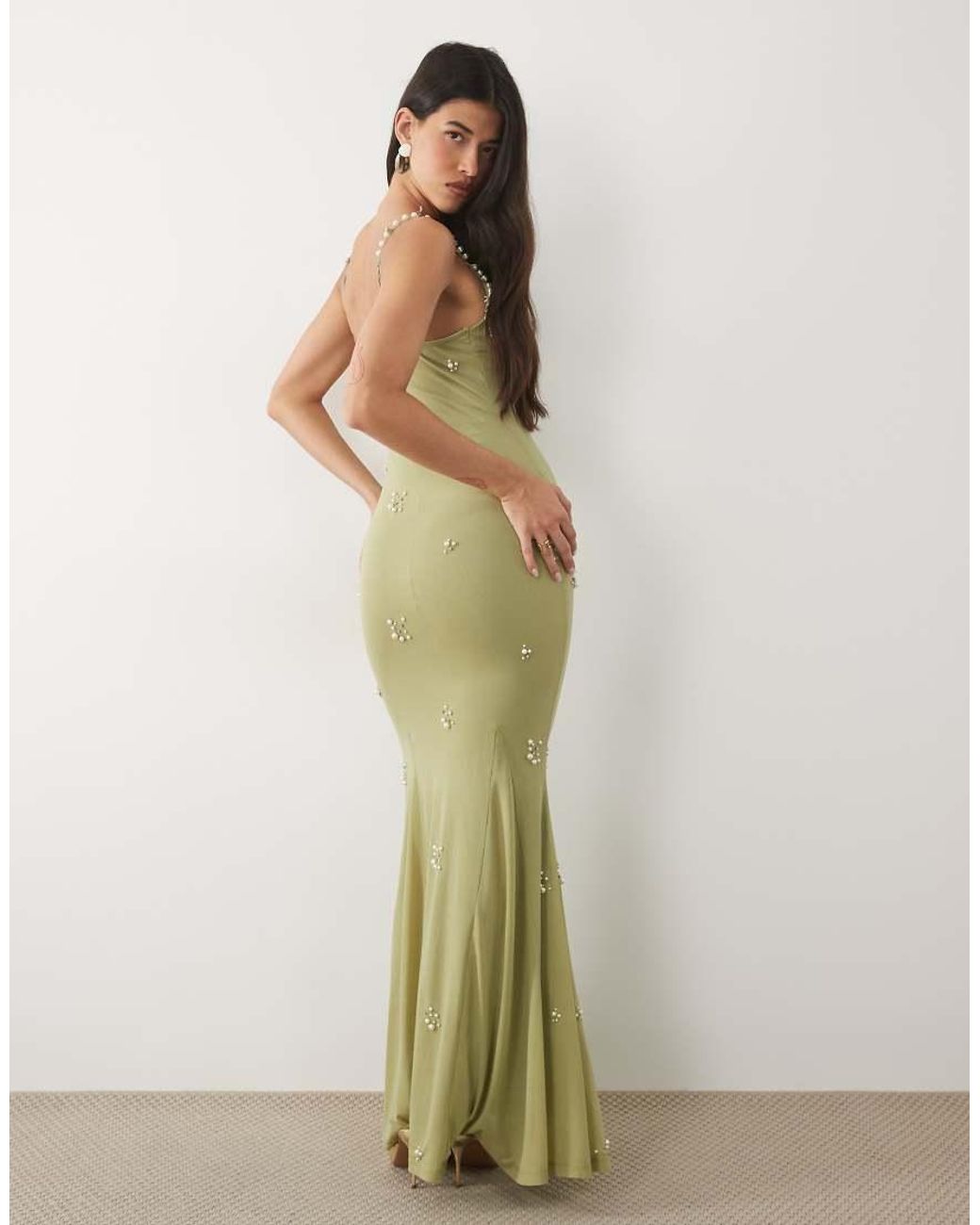 ASOS Green Pearl Encrusted Mesh Cami Dress