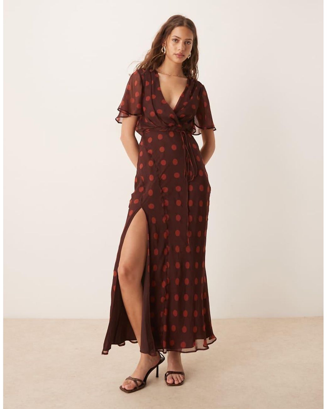 ASOS Brown Angel Sleeve Wrap Front Midi Dress With Seaming Details