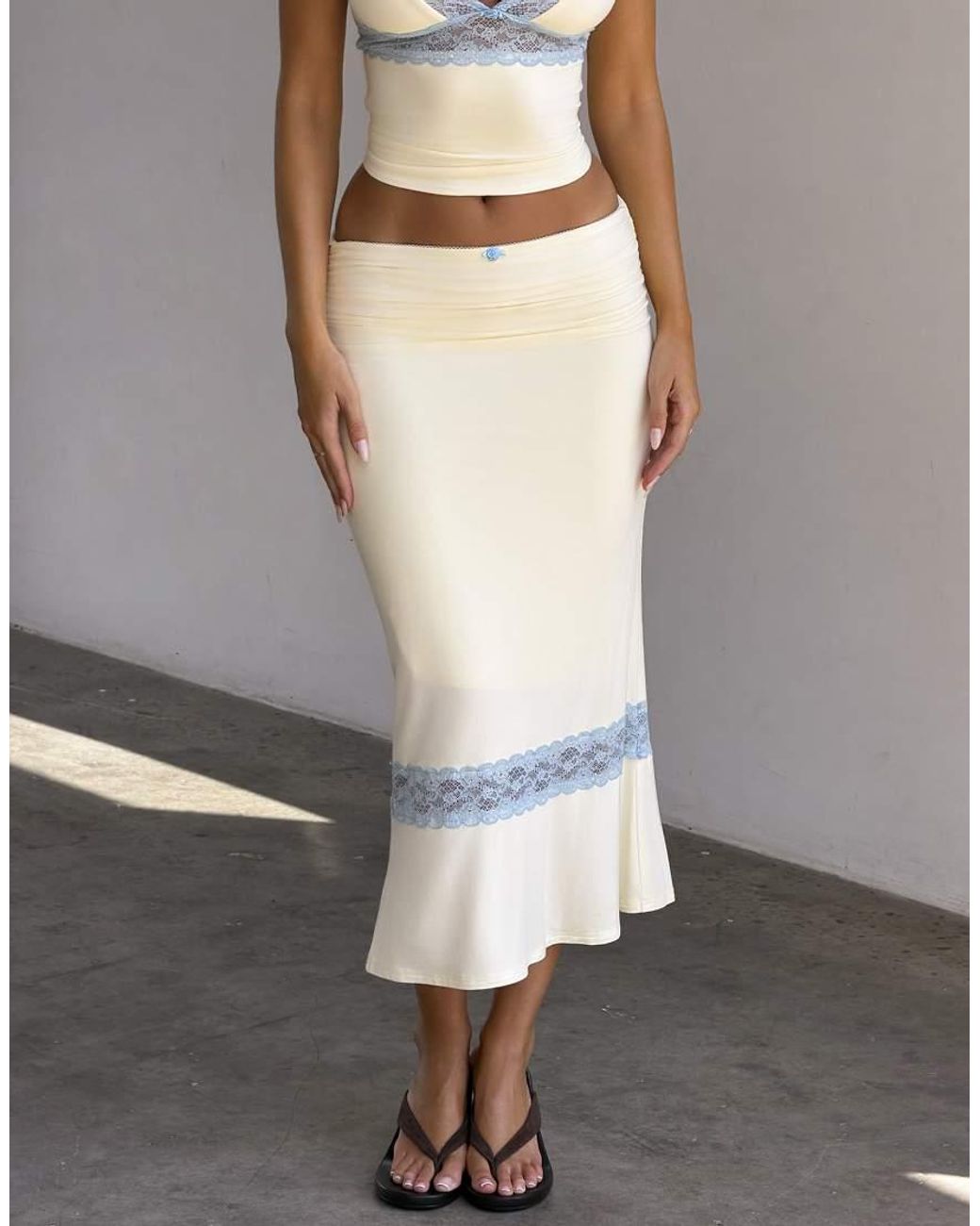 Tiger Mist Gray Calina Butter Touch Slinky Contrast Lace Trim Maxi Skirt