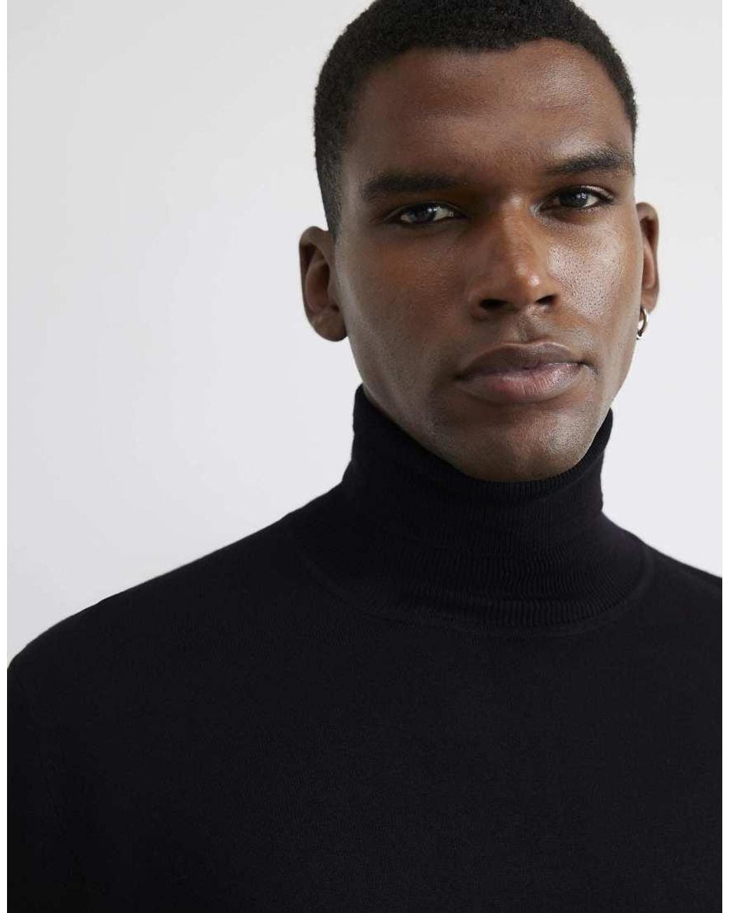 River Island Blue Slim Fit Cotton Roll Neck Jumper for men