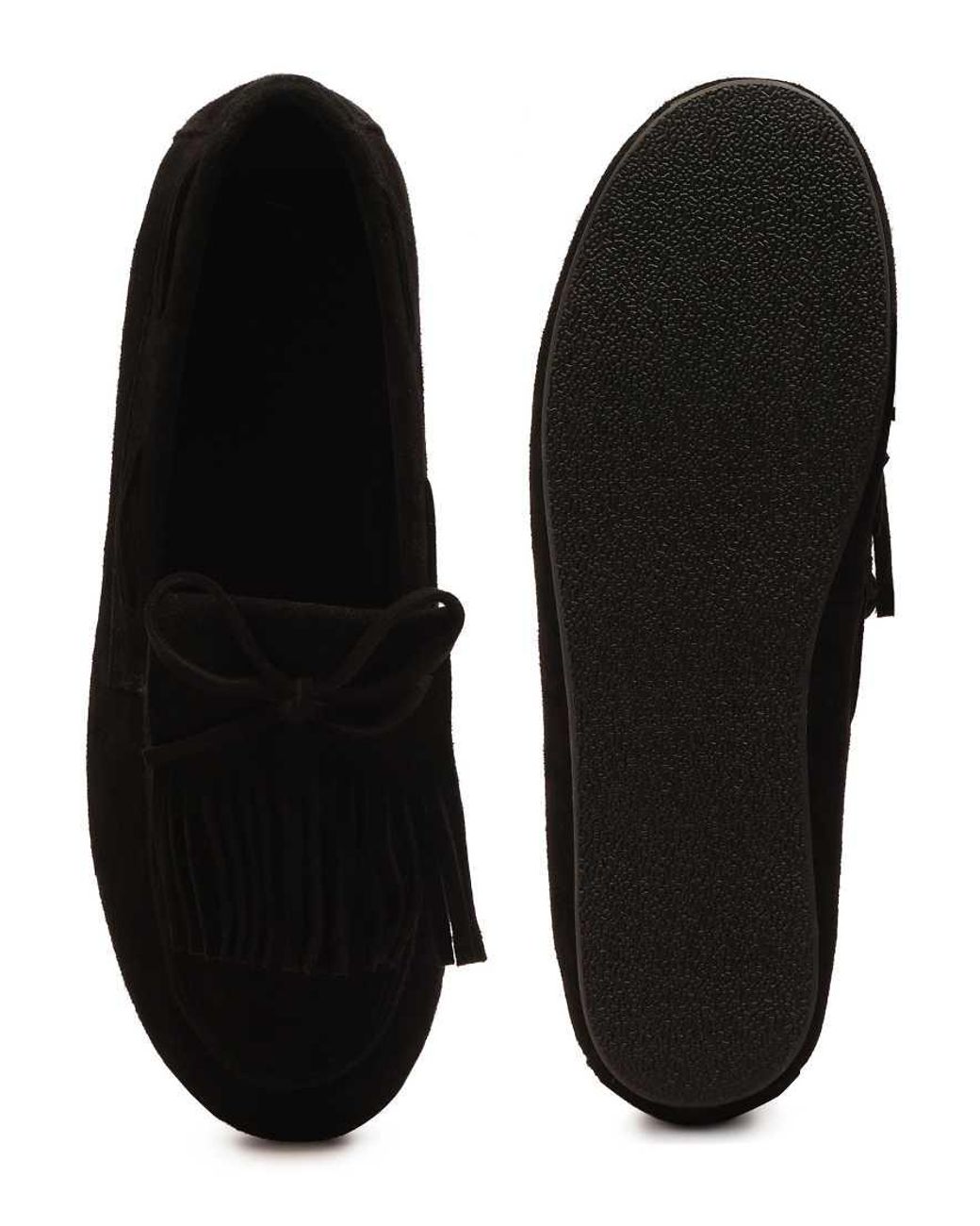 OFF THE HOOK Black Kennet Suede Fringe Moccasin Loafers