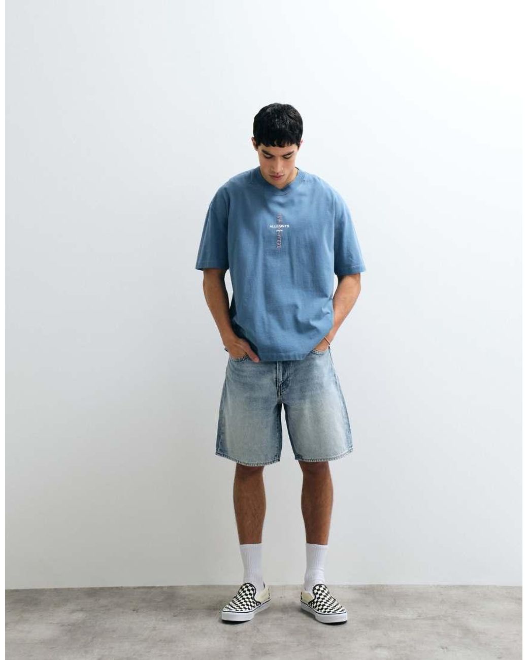 AllSaints Blue Knox Embroidered Logo T-shirt With Back Print for men