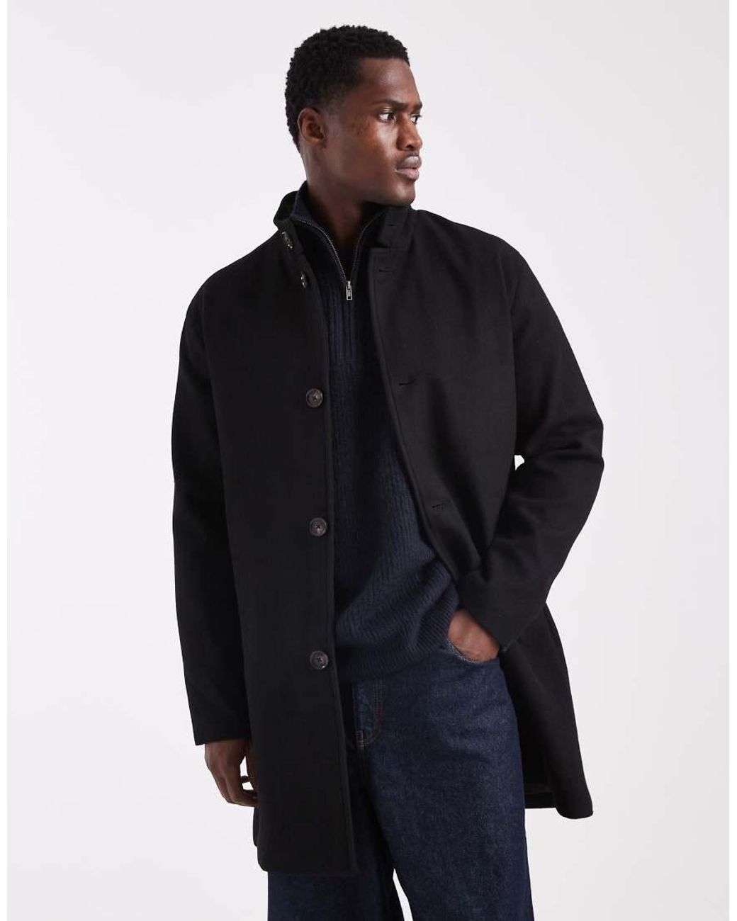 Only & Sons Blue Wool Blend Funnel Neck Overcoat for men