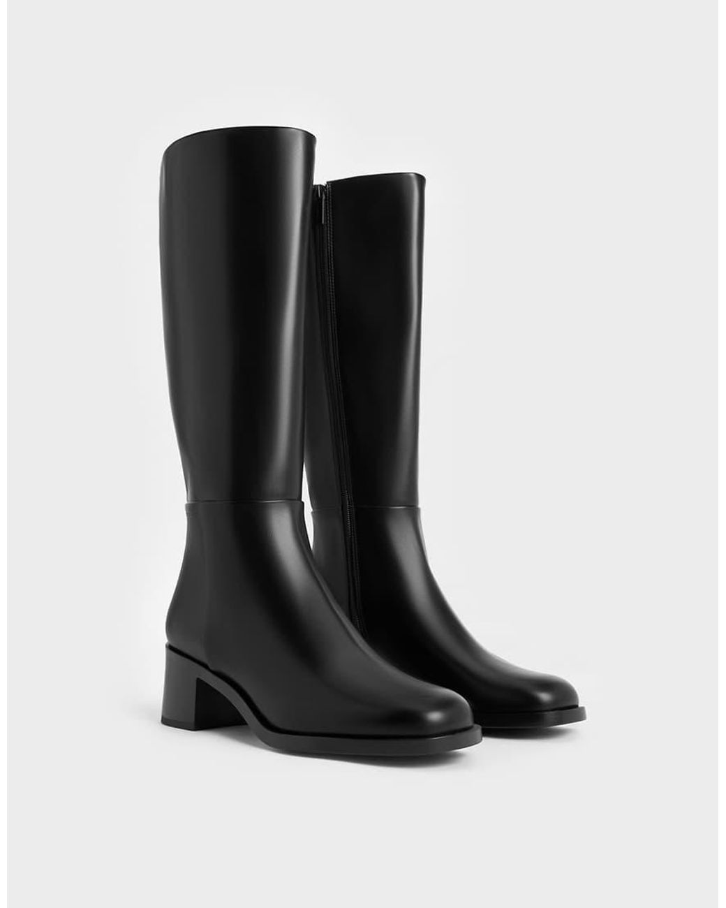 Charles & Keith Black Louise Block-Heel Knee-High Boots