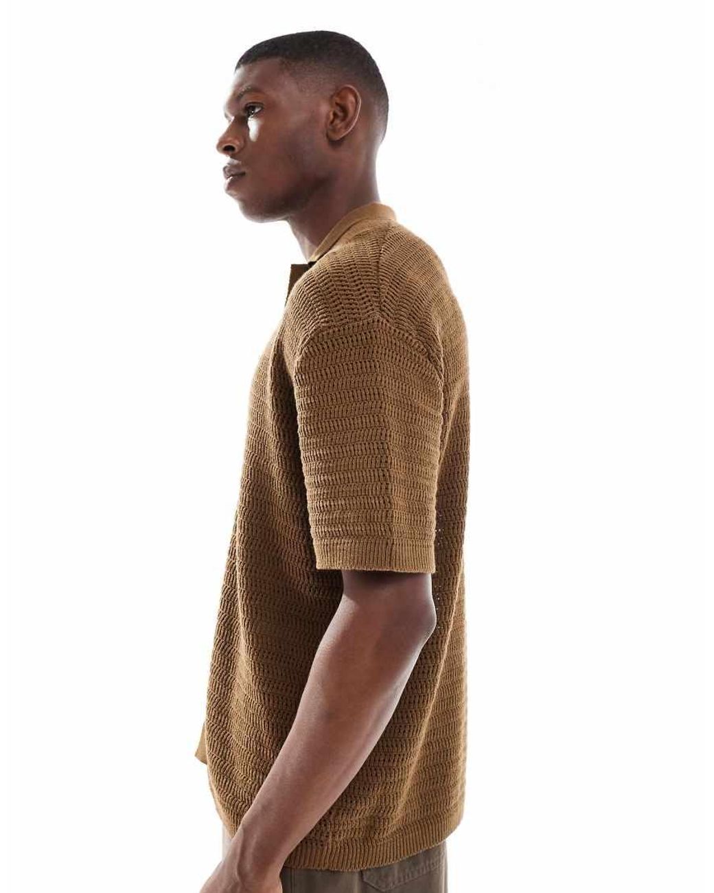 Only & Sons Brown Relaxed Fit Crochet Shirt With Revere Collar for men