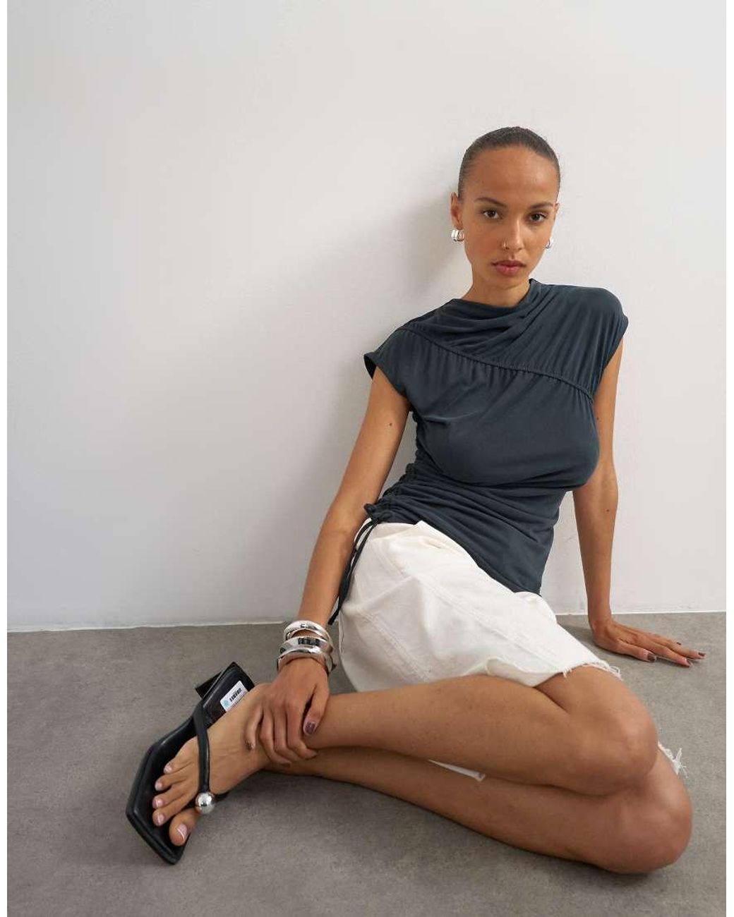 TOPSHOP Blue Cupro Ruched Asymmetric Top