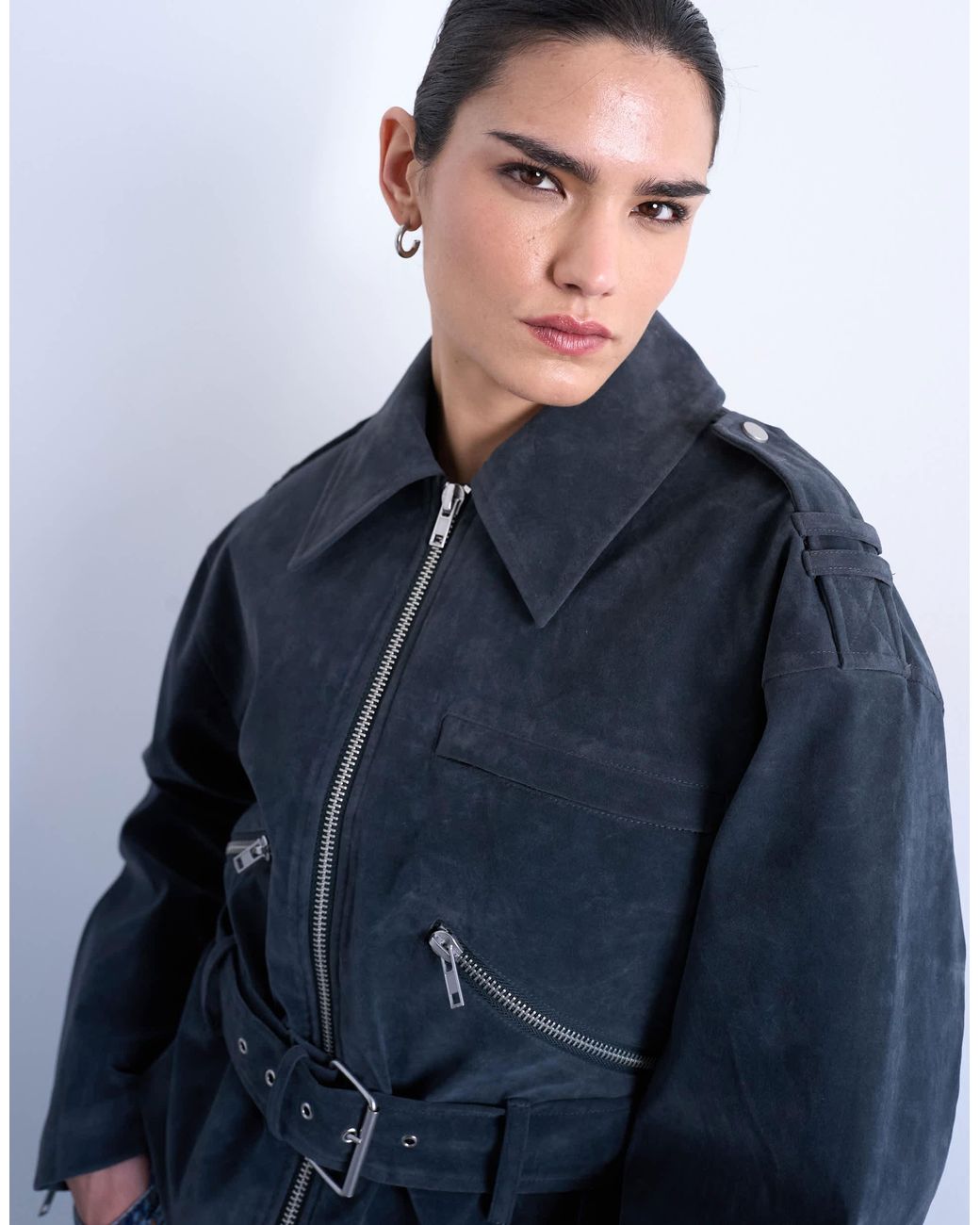 TOPSHOP Blue – bikerjacke aus wildlederimitat